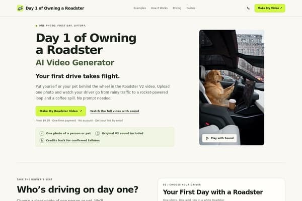 Day 1 of Owning a Roadster V2 AI Video Generator screenshot