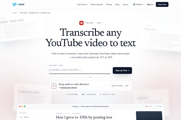 Voqusa YouTube Transcript Generator screenshot